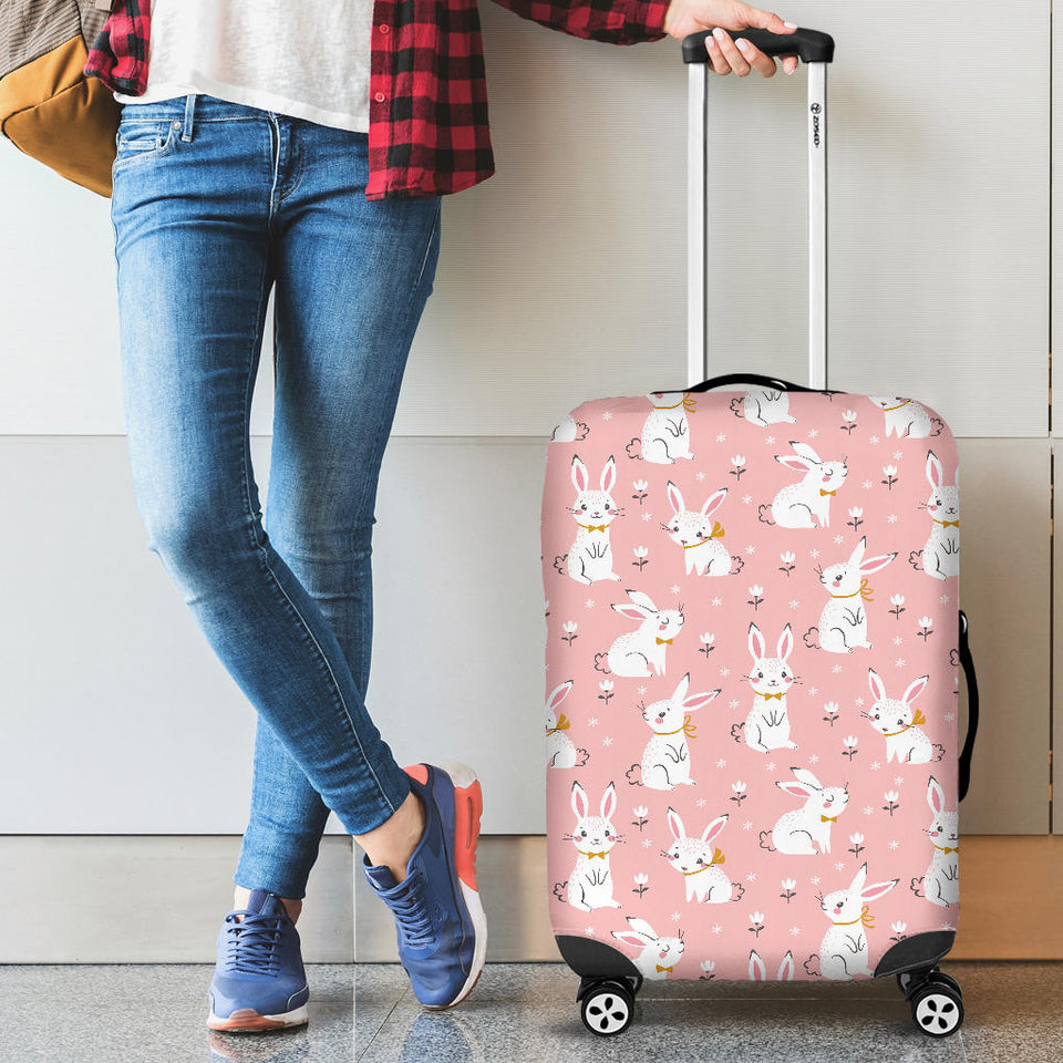 Cute White Rabbit Flower Pink Background Cabin Suitcases Luggages