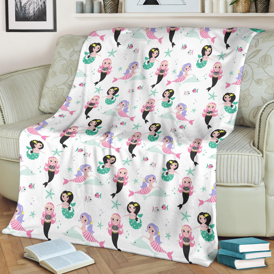 Cute Mermaid Dolphin Fish Starfish Pattern Premium Blanket