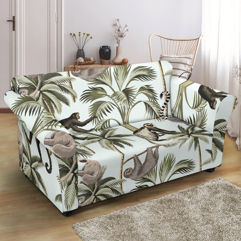 Monkey Sloth Lemur Palm Trees Pattern Loveseat Couch Slipcover