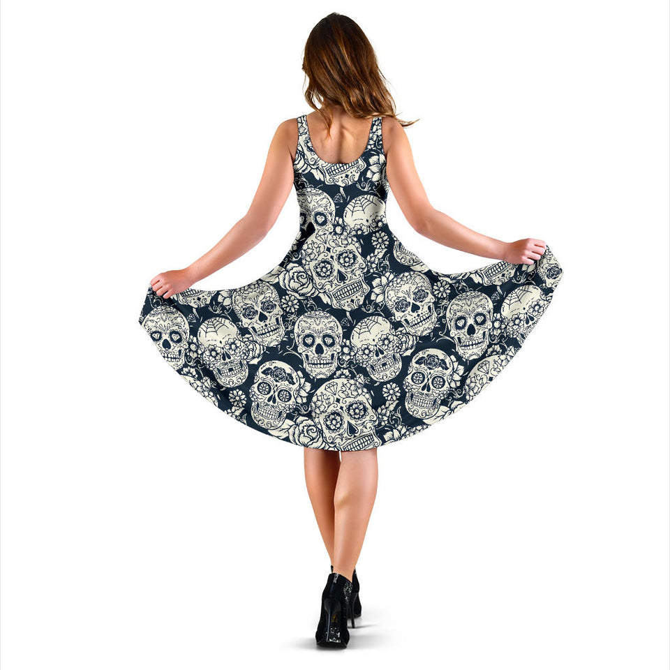 Sugar Skull Black White Pattern Sleeveless Midi Dress