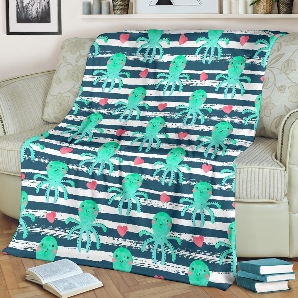 Cute Octopuses Heart Striped Background Premium Blanket