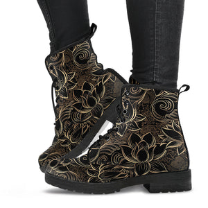 Luxurious Gold Lotus Waterlily Black Background Leather Boots