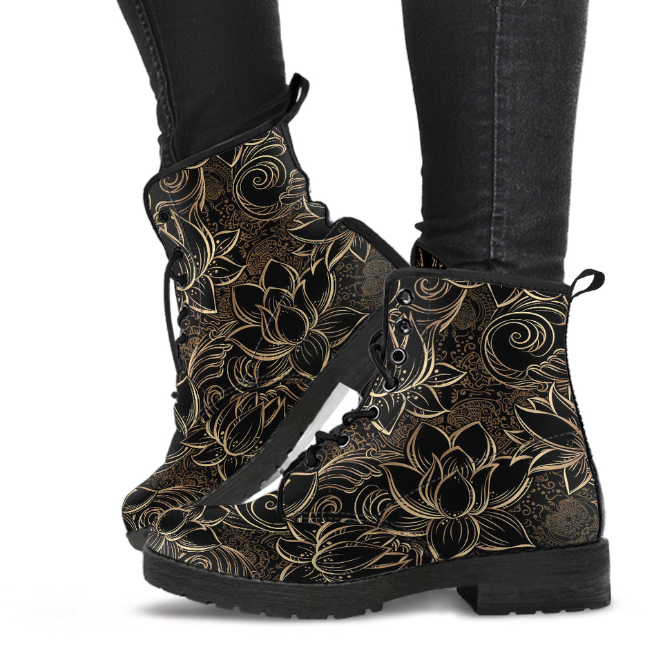 Luxurious Gold Lotus Waterlily Black Background Leather Boots