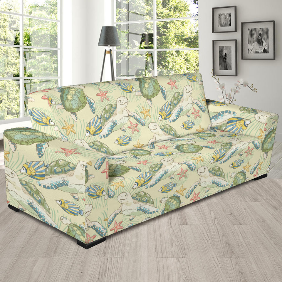 Hand Drawn Sea Turtle Fish Pattern Sofa Slipcover