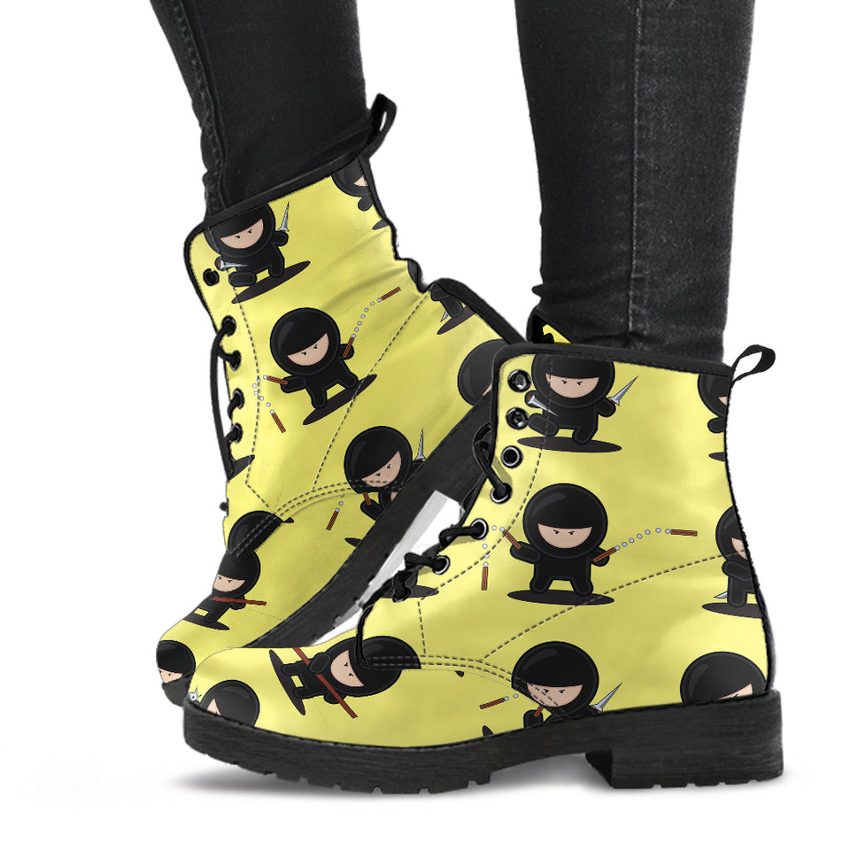 Cute Ninja Yellow Background Leather Boots