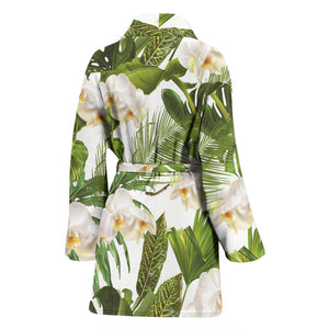 White Orchid Flower Tropical Leaves Pattern Women'S Bathrobe