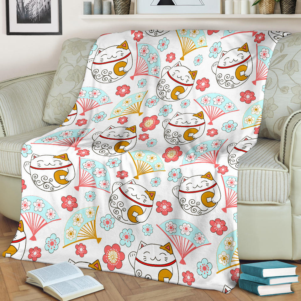 Maneki Neko Lucky Cat Fan Sakura Premium Blanket