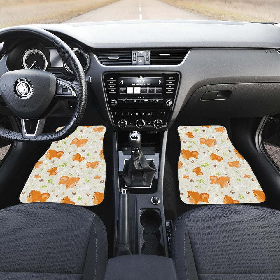 Cute Brown Pomeranian Paw Leave Bone Pattern Front And Back Car Mats