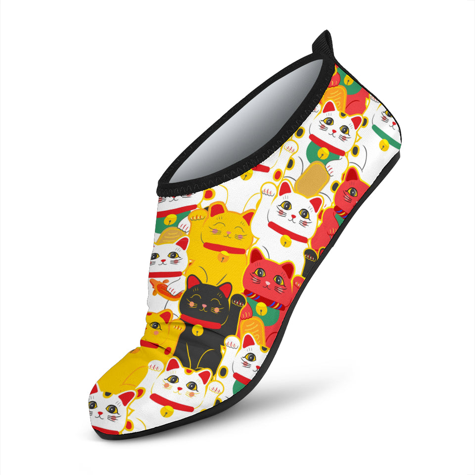 Colorful Maneki Neko Lucky Cat Pattern Aqua Shoes