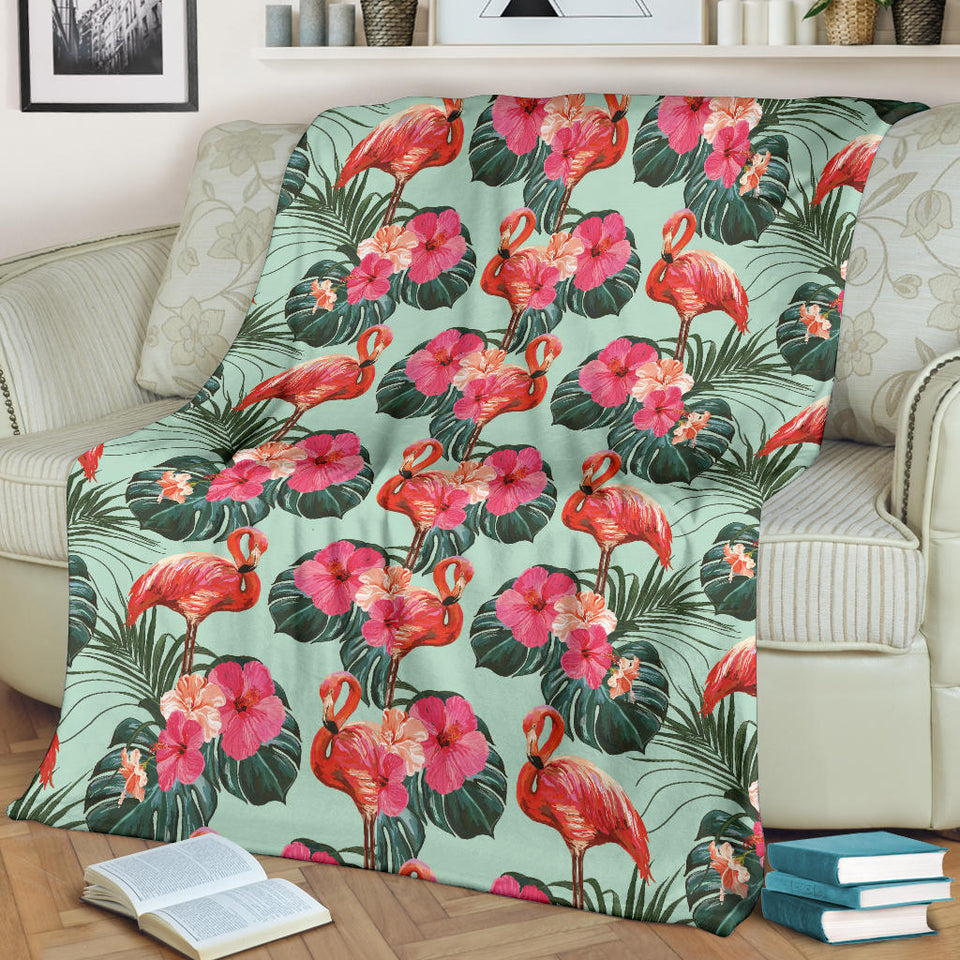 Beautiful Flamingo Tropical Palm Leaves Hibiscus Pateern Background Premium Blanket