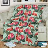 Beautiful Flamingo Tropical Palm Leaves Hibiscus Pateern Background Premium Blanket