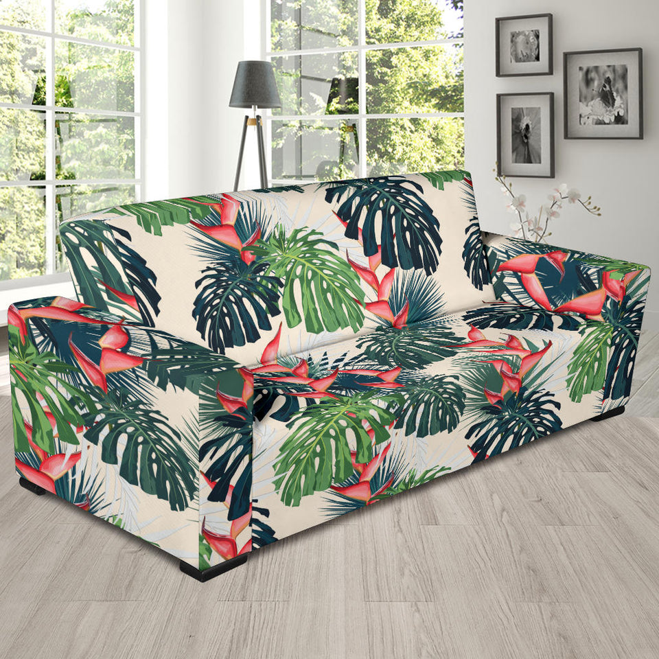 Heliconia Flowers, Palm And Monstera Leaves Sofa Slipcover