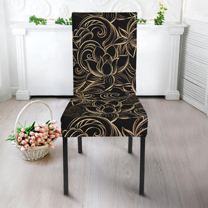 Luxurious Gold Lotus Waterlily Black Background Dining Chair Slipcover