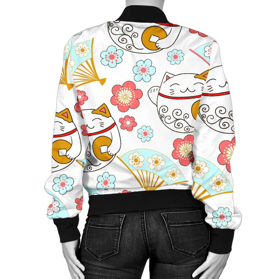 Maneki Neko Lucky Cat Fan Sakura Women'S Bomber Jacket