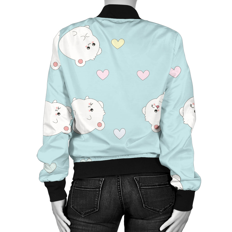 White Cute Hamsters Heart Pattern Women'S Bomber Jacket