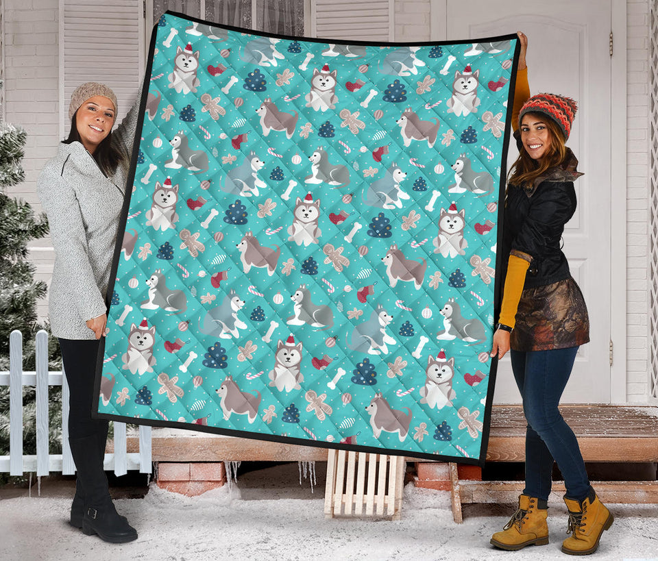 Christmas Cute Siberian Husky Puppie Pattern Premium Quilt