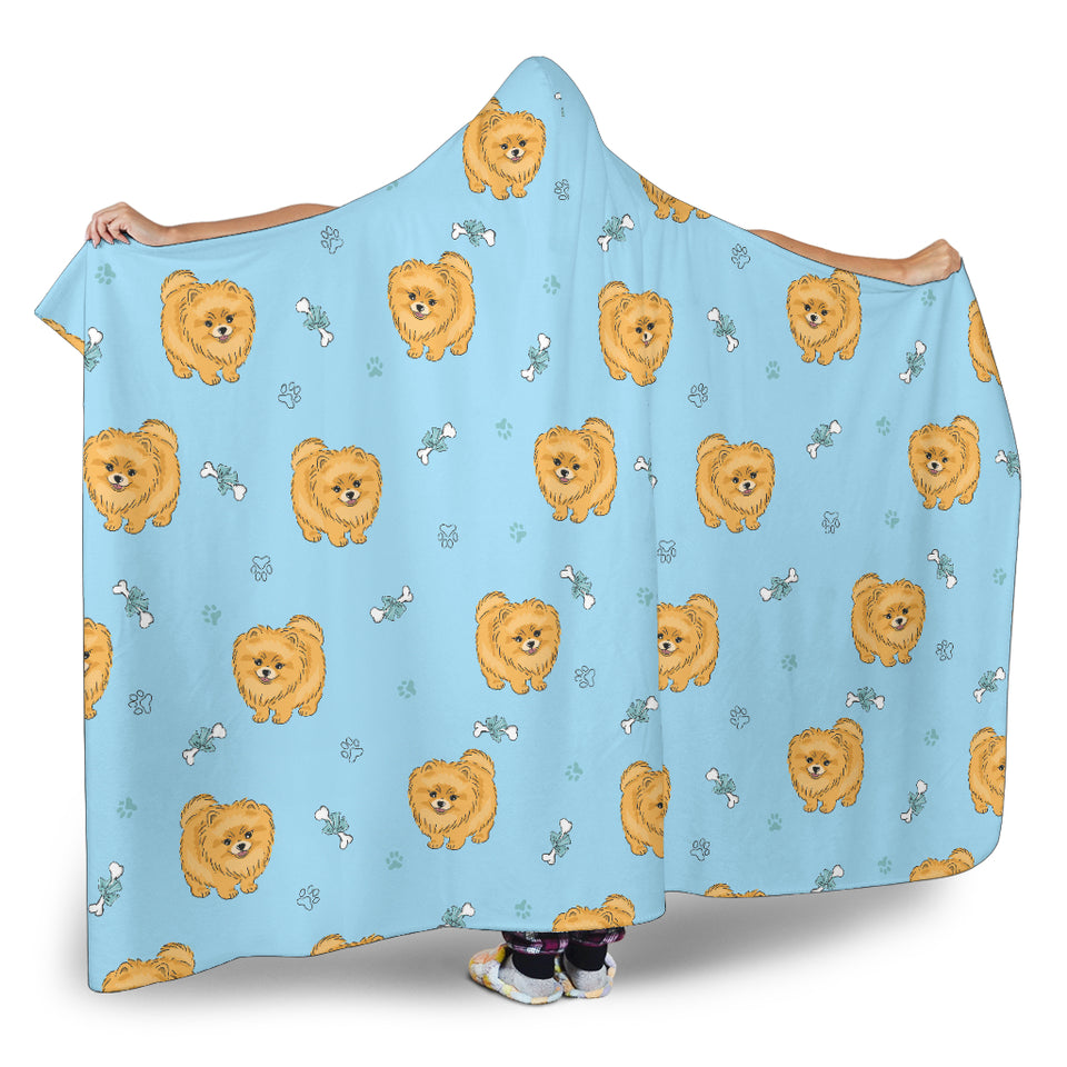Brown Cute Pomeranian Blue Blackground Hooded Blanket