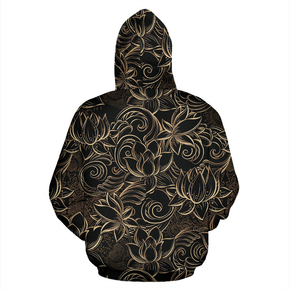 Luxurious Gold Lotus Waterlily Black Background Men Women Pullover Hoodie