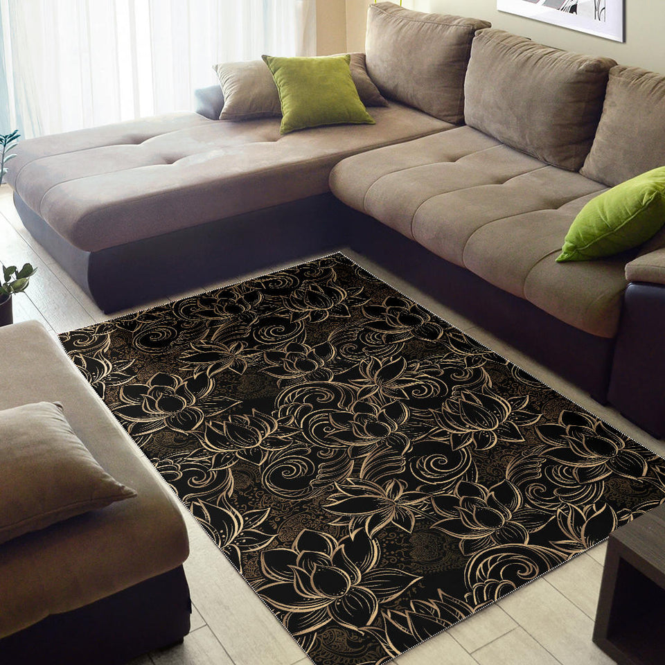 Luxurious Gold Lotus Waterlily Black Background Area Rug