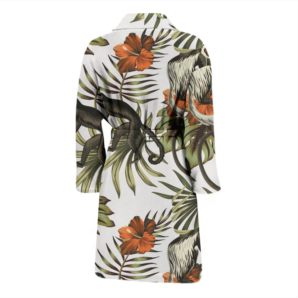 Monkey Red Hibiscus Flower Palm Leaves Floral Pattern Men'S Bathrobe