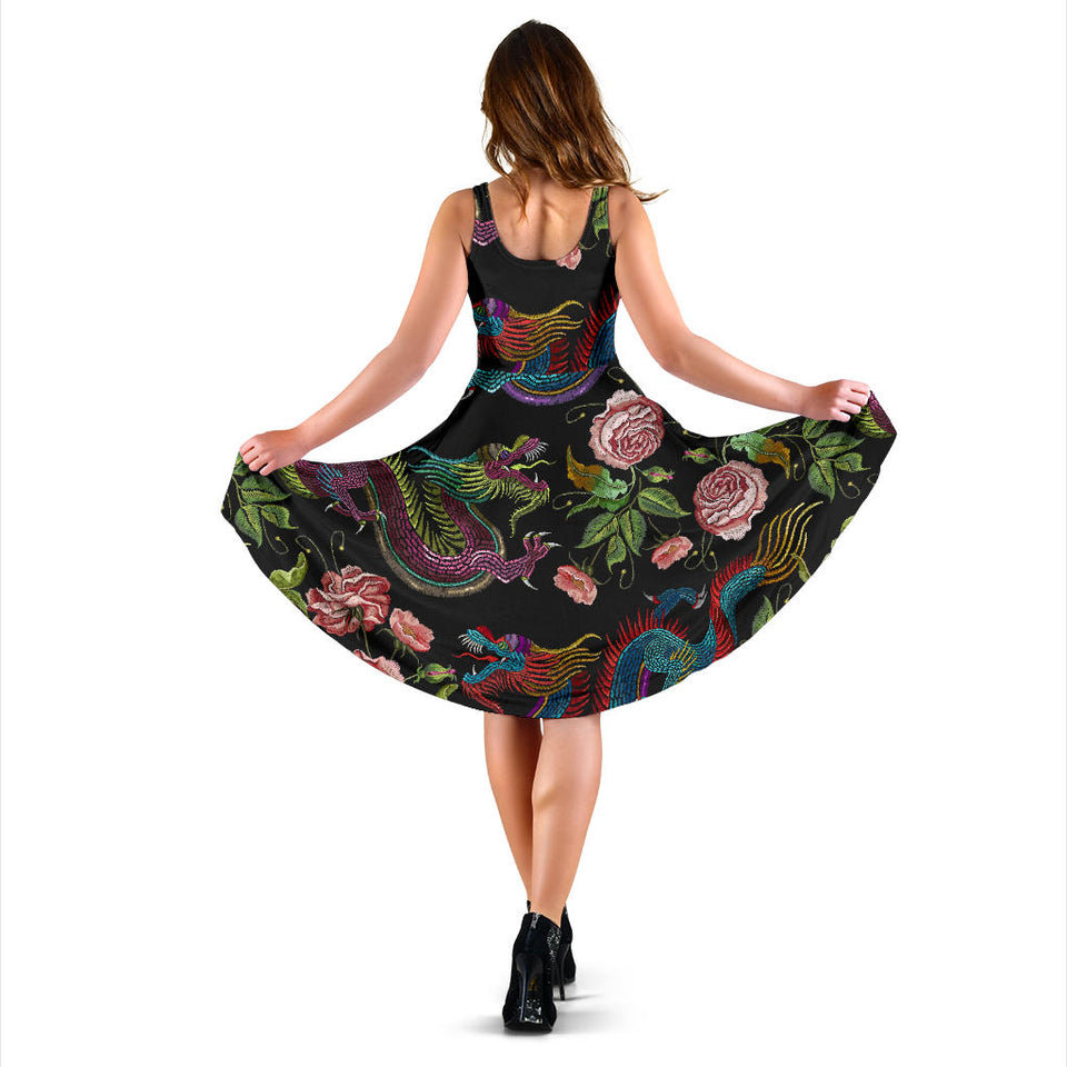 Dragons Flower Pattern Sleeveless Midi Dress