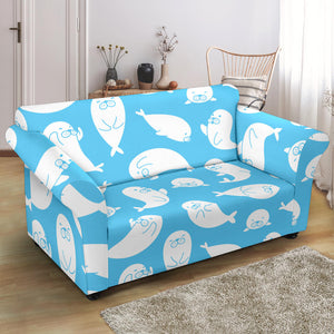 Cute White Sea Lion Seals Pattern Loveseat Couch Slipcover