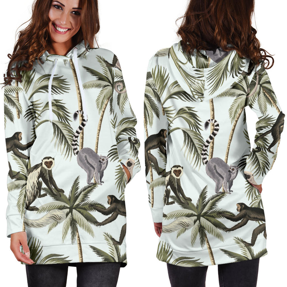 Monkey Sloth Lemur Palm Trees Pattern Women'S Hoodie Dress