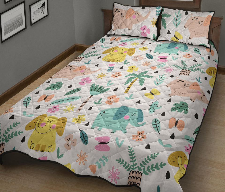 Cute elephants palm tree flower butterfly pattern Quilt Bed Set