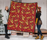 Saxophone Cornet Pattern Red Background Premium Quilt