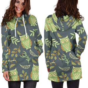 Cute Owls Leaves Pattern Women'S Hoodie Dress