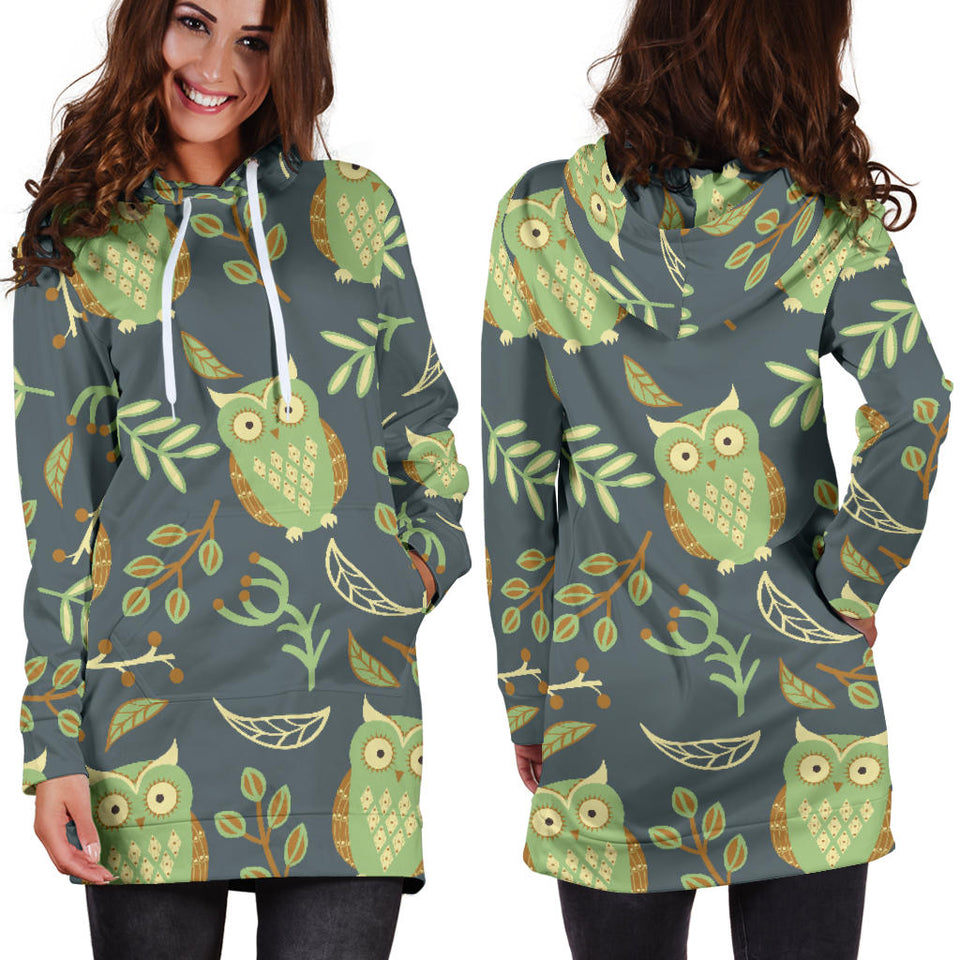 Cute Owls Leaves Pattern Women'S Hoodie Dress