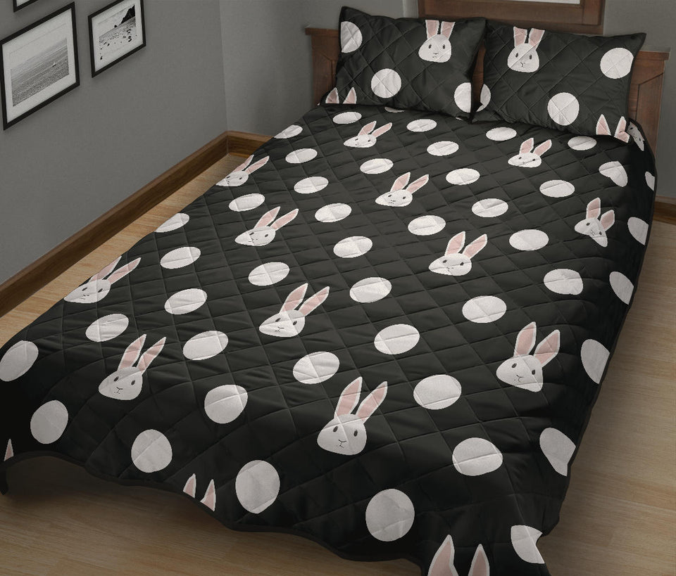 Cute white rabbit polka dots black background Quilt Bed Set