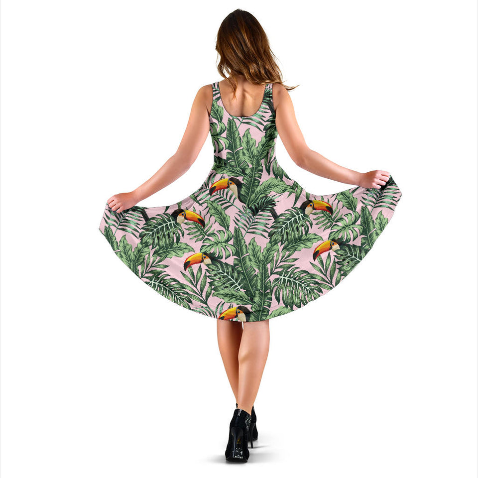 Toucan Tropical Green Jungle Palm Pattern Sleeveless Midi Dress