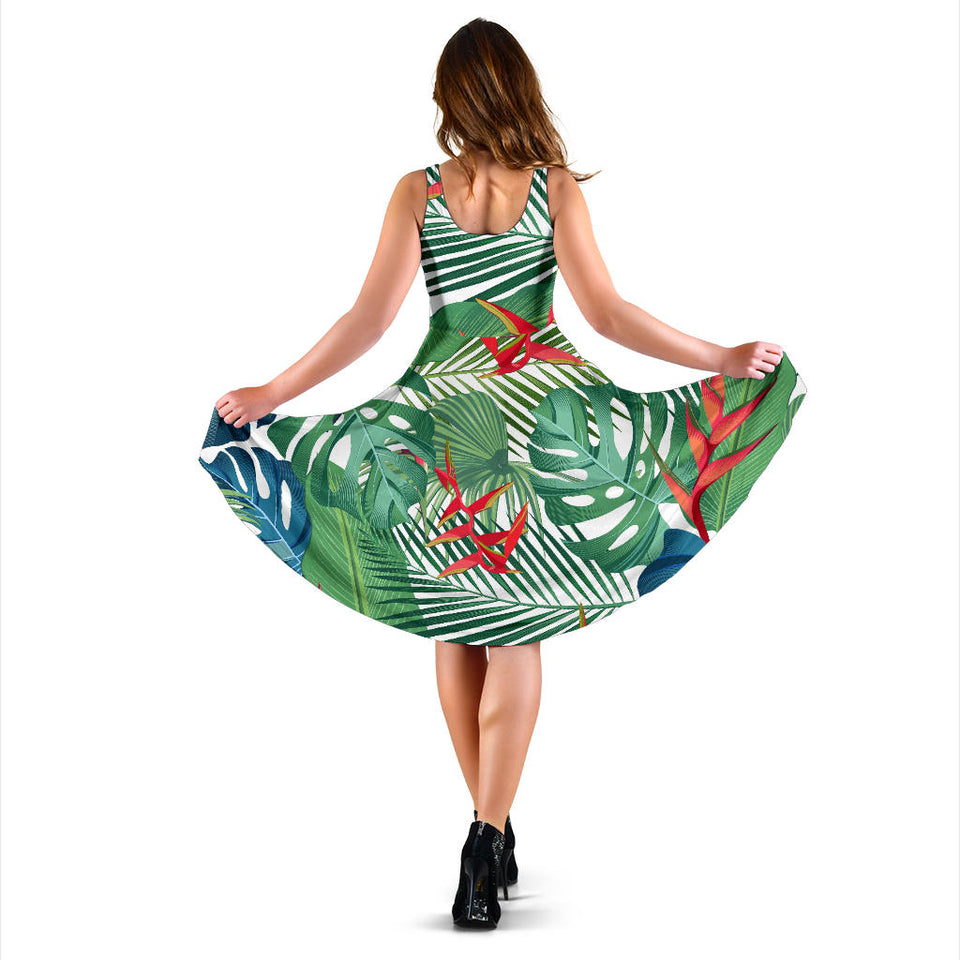 Heliconia Palm And Monstera  Leaves Pattern Sleeveless Midi Dress