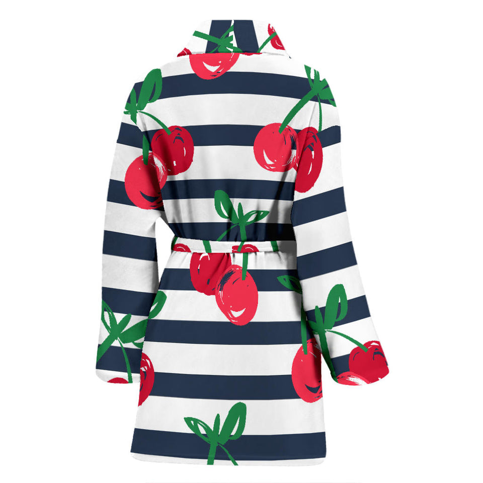 Hand Drawn Cherry Pattern Striped Background Women'S Bathrobe