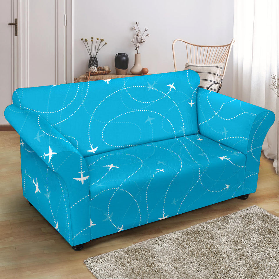 Airplane Destinations Blue Background Loveseat Couch Slipcover