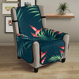 heliconia flowers, palm and monstera leaves on black background pattern Chair Cover Protector