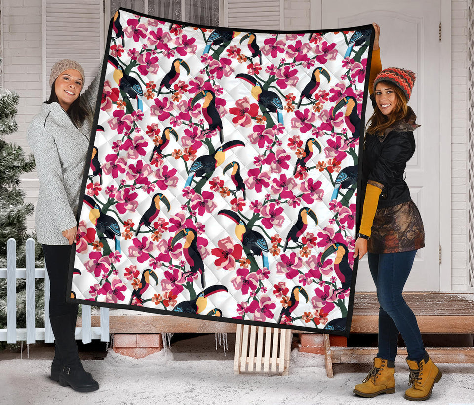 Toucan Flower Design Pattern Premium Quilt