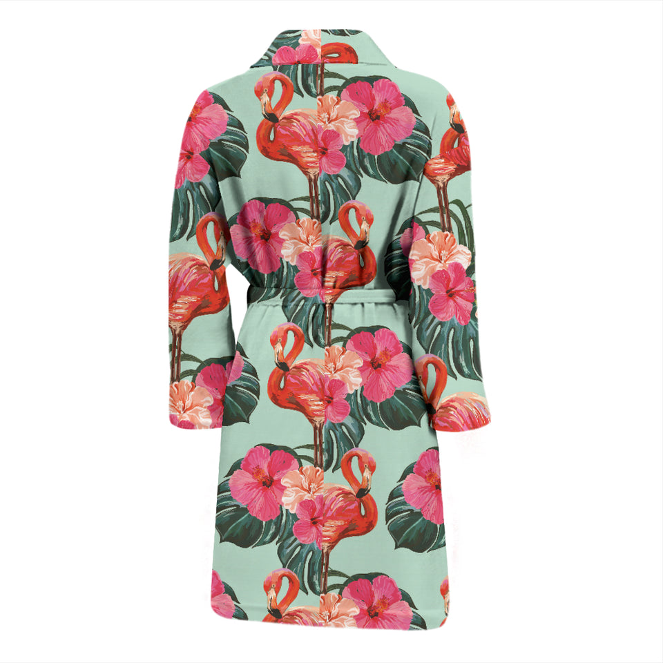 Beautiful Flamingo Tropical Palm Leaves Hibiscus Pateern Background Men'S Bathrobe