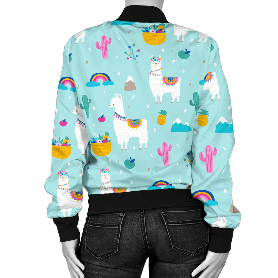 Llama Alpaca Cactus Leaves Pattern Women'S Bomber Jacket