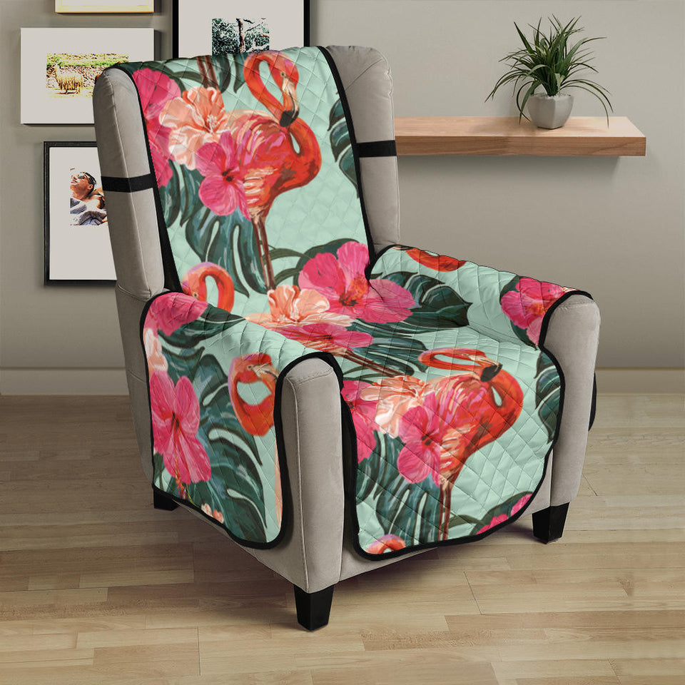 Beautiful flamingo tropical palm leaves hibiscus pateern background Chair Cover Protector