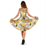 Cool Bee Honeycomb Leaves Pattern Sleeveless Midi Dress