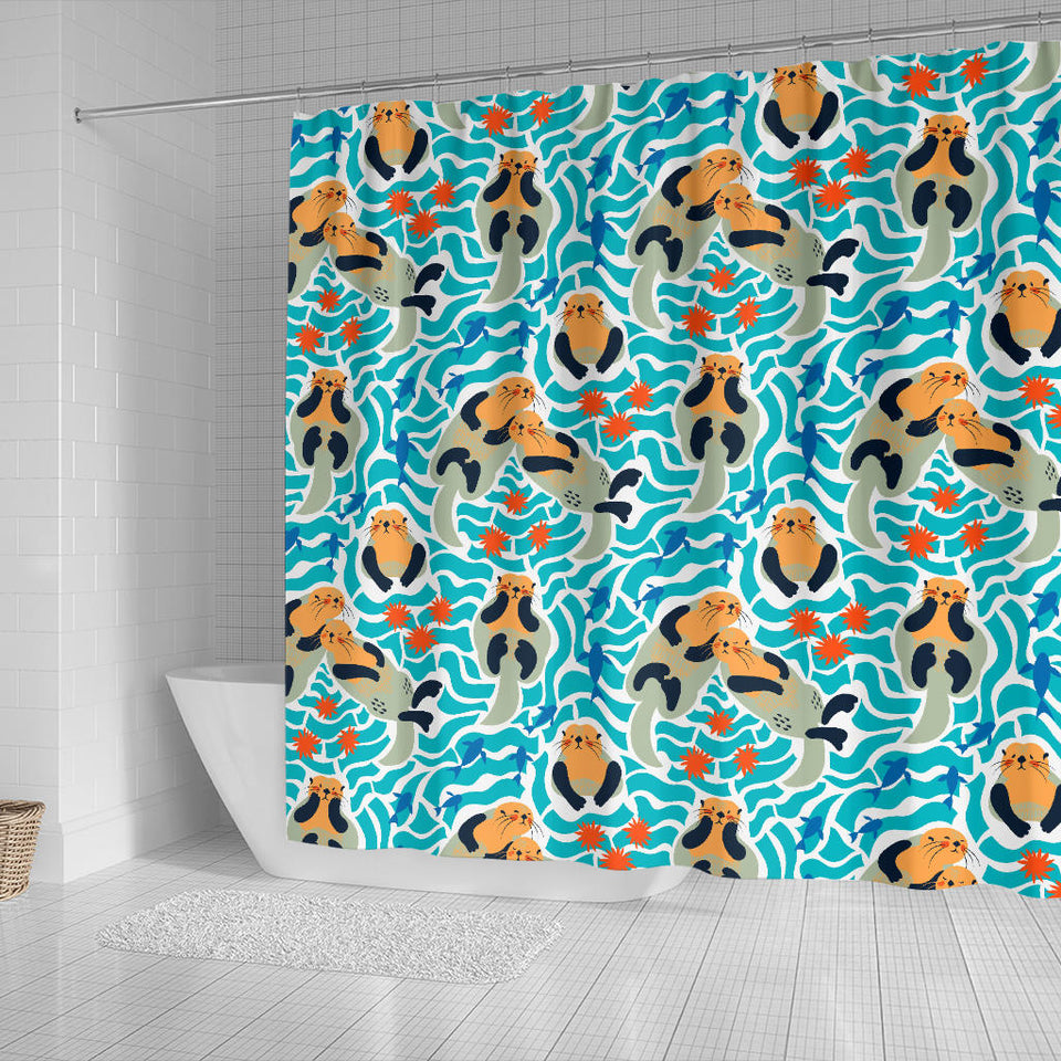 Cute Sea Otters Fishe Sea Urchin Pattern Shower Curtain Fulfilled In US