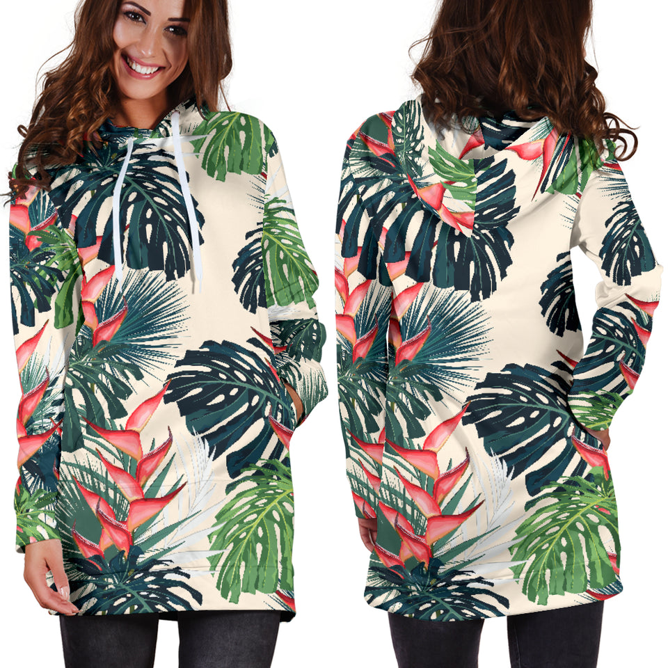 Heliconia Flowers, Palm And Monstera Leaves Women'S Hoodie Dress