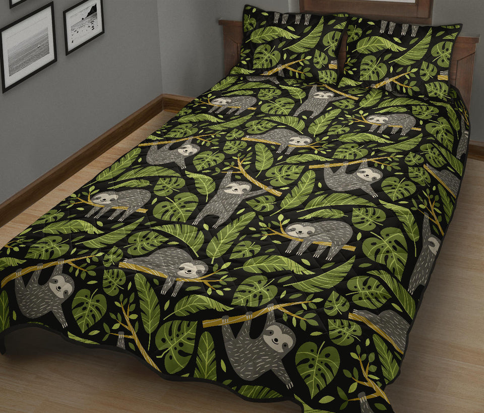 Cute sloths tropical palm leaves black background Quilt Bed Set