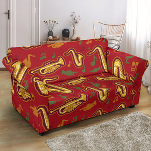 Saxophone Cornet Pattern Red Background Loveseat Couch Slipcover