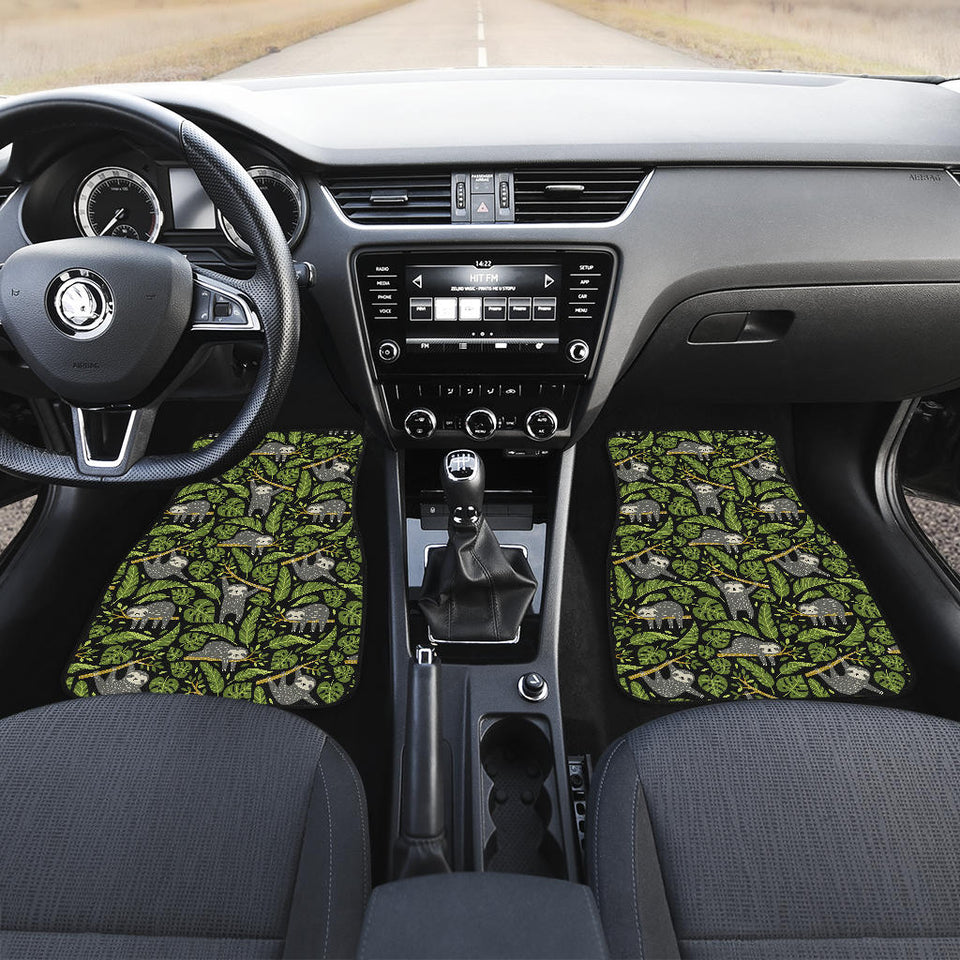 Cute Sloths Tropical Palm Leaves Black Background Front Car Mats