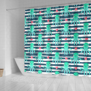 Cute Octopuses Heart Striped Background Shower Curtain Fulfilled In US