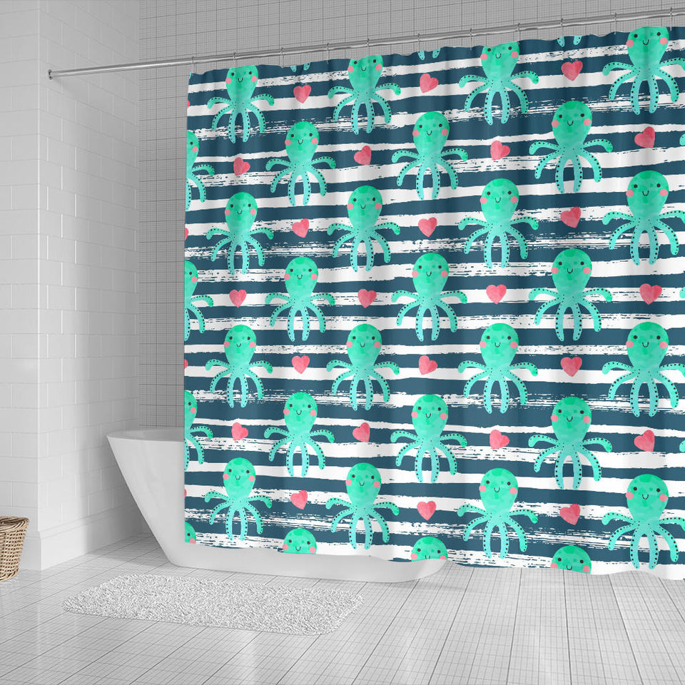 Cute Octopuses Heart Striped Background Shower Curtain Fulfilled In US
