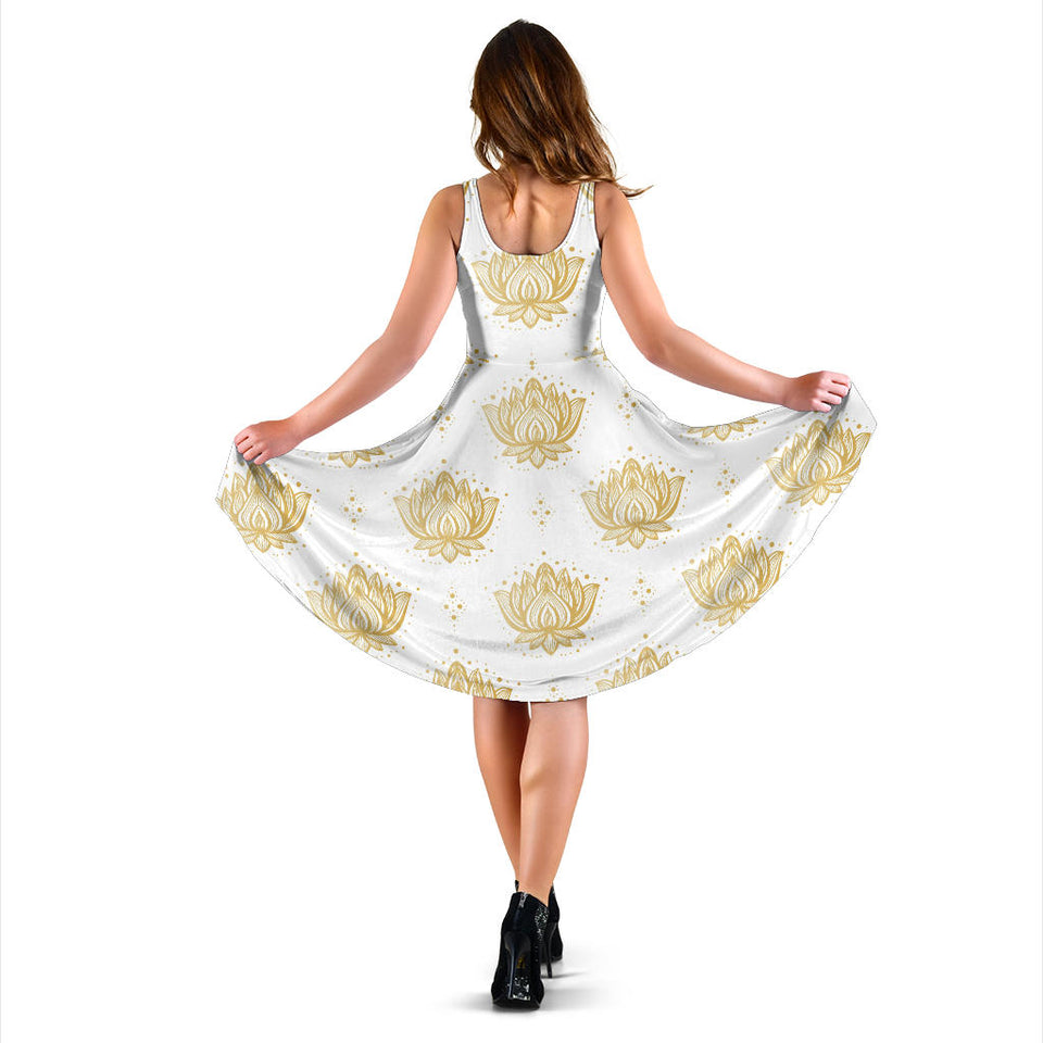 Gold Ornamental Lotue Waterlily Symbol Pattern Sleeveless Midi Dress